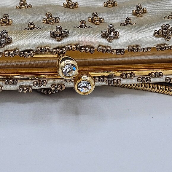 Vintage Gold Beaded Ivory Satin Evening Bag With Rhinestone Clasp & Chain Strap - Picture 7 of 8